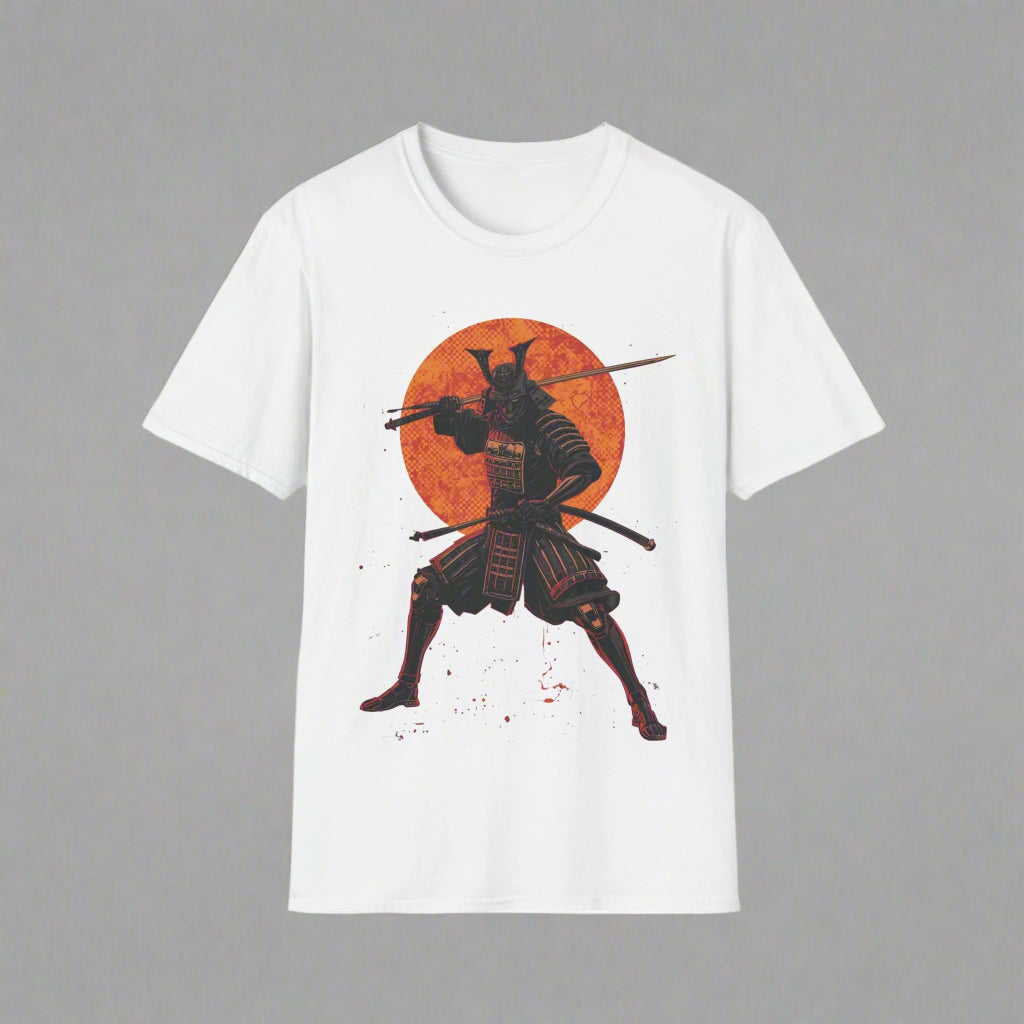 White t-shirt with a samurai graphic