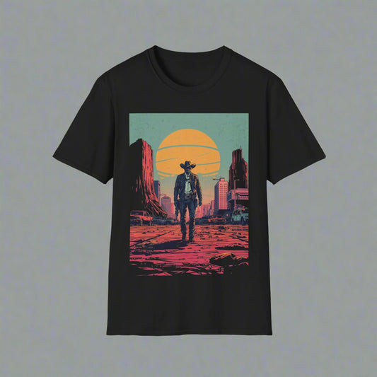 Black t-shirt with a graphic of a cowboy standing in front of a cityscape and sunset