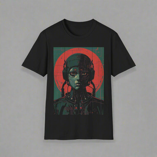 Black t-shirt with a graphic design of a woman wearing headphones