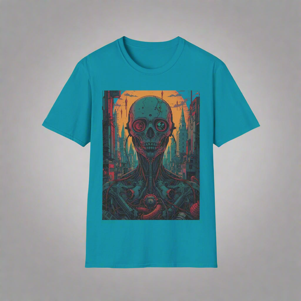 Teal t-shirt with a graphic design of a skull with red eyes