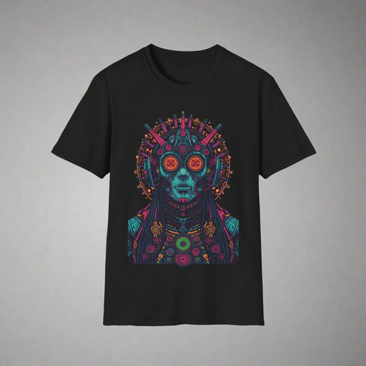 Black t-shirt with a colorful graphic design