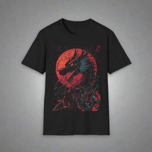 Black t-shirt with a red and blue dragon design