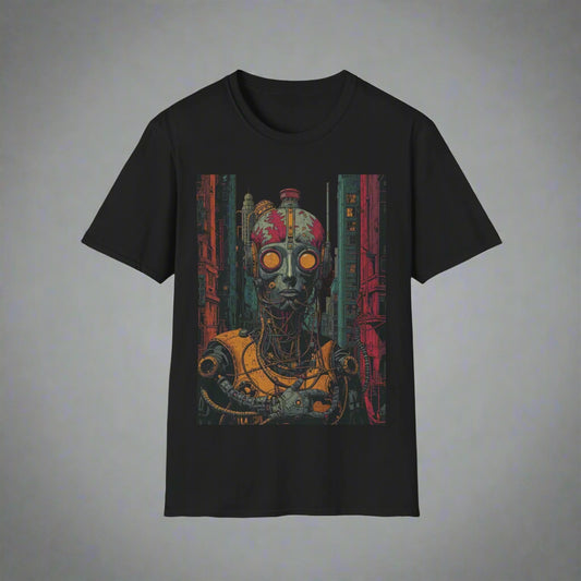 Black t-shirt with a robot graphic design