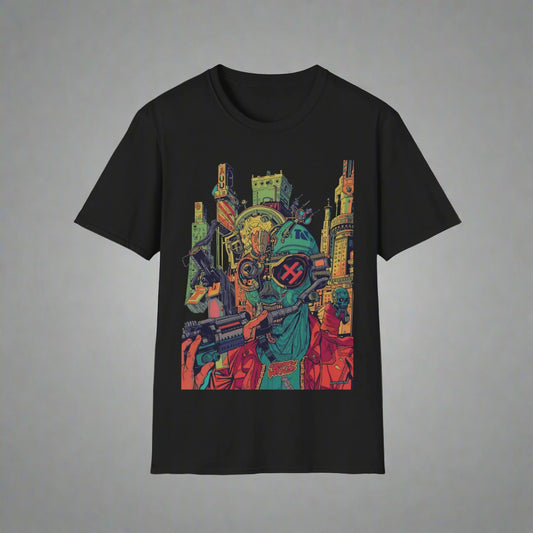 Black t-shirt with colorful graphic design