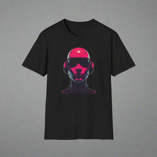 Black t-shirt with a colorful graphic of a face wearing sunglasses and headphones