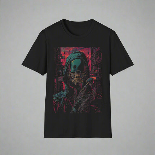 Black t-shirt with a graphic design of a hooded figure