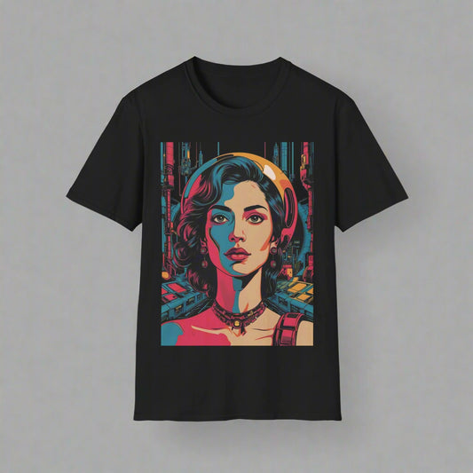 Black t-shirt with a colorful graphic of a woman's face
