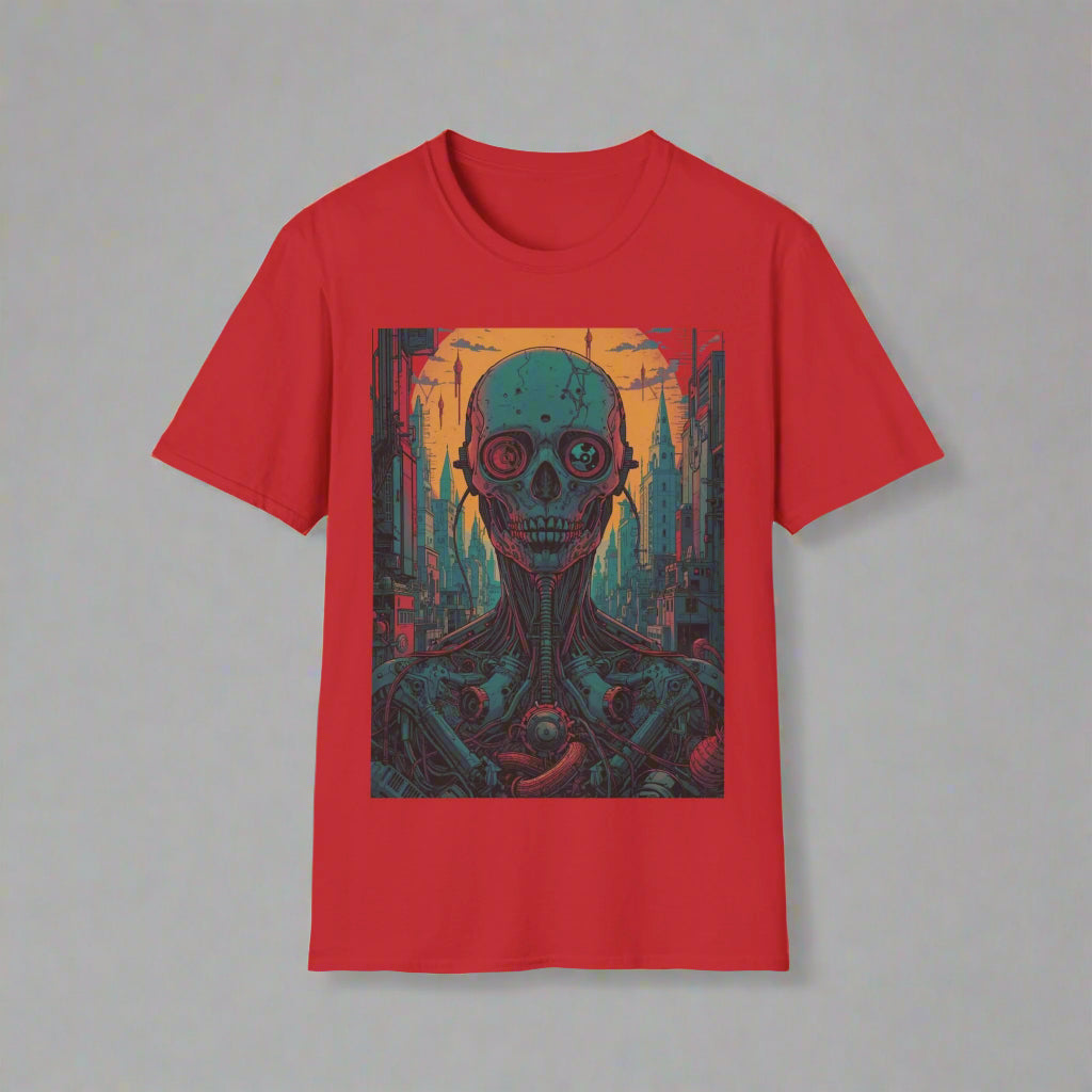 Red t-shirt with a graphic design of a skeleton wearing glasses
