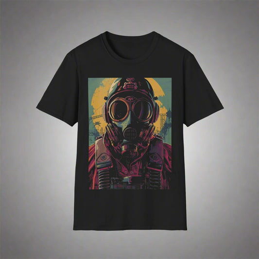 Black t-shirt with a graphic of a person wearing a gas mask