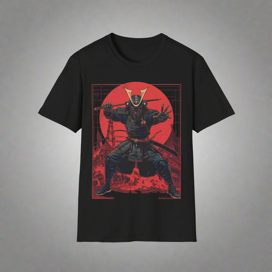 Black t-shirt with a red and black graphic of a warrior