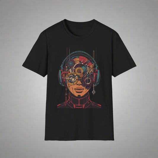 Black t-shirt with a colorful graphic design of a person wearing goggles and headphones