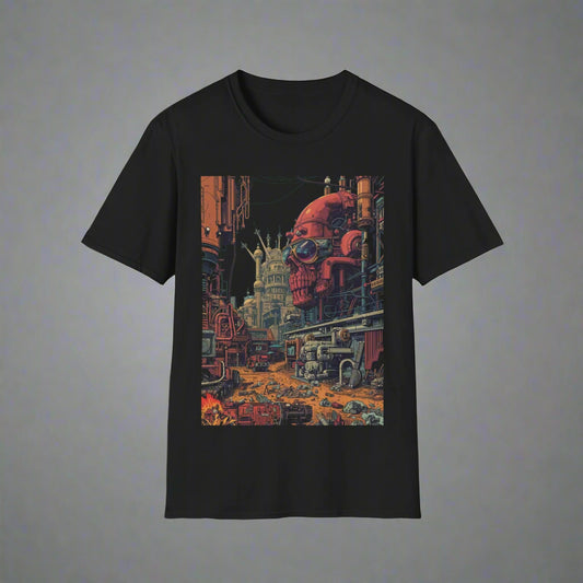 Black t-shirt with a colorful graphic design