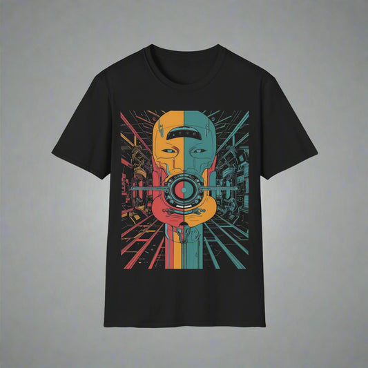 Black t-shirt with a colorful graphic design