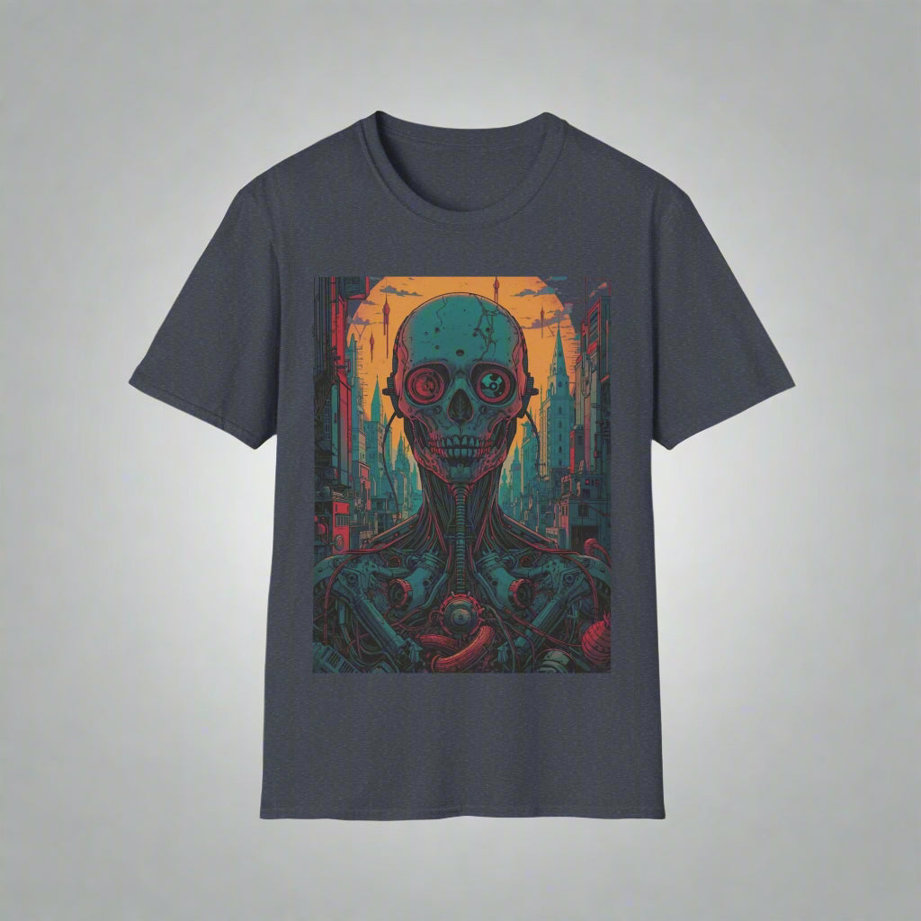 Gray t-shirt with a colorful graphic of a skeleton