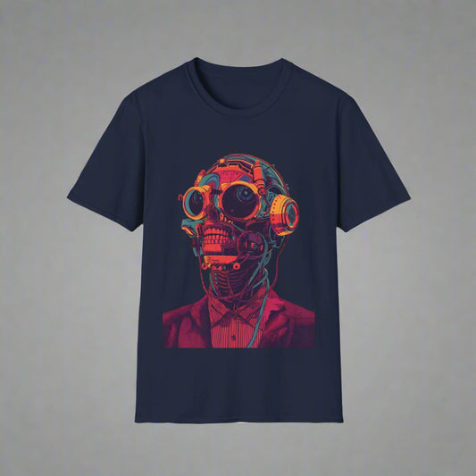 Navy blue t-shirt with a colorful graphic of a skull wearing goggles