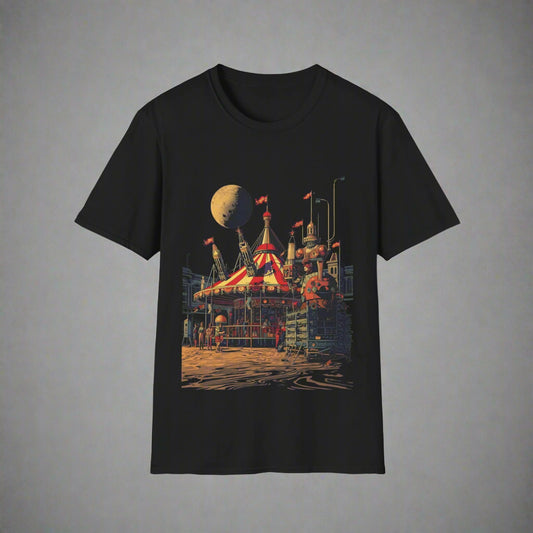 Black t-shirt with a colorful circus tent design
