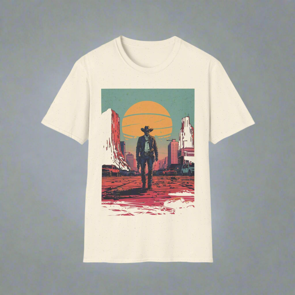 T-shirt with a graphic of a person in a cowboy hat