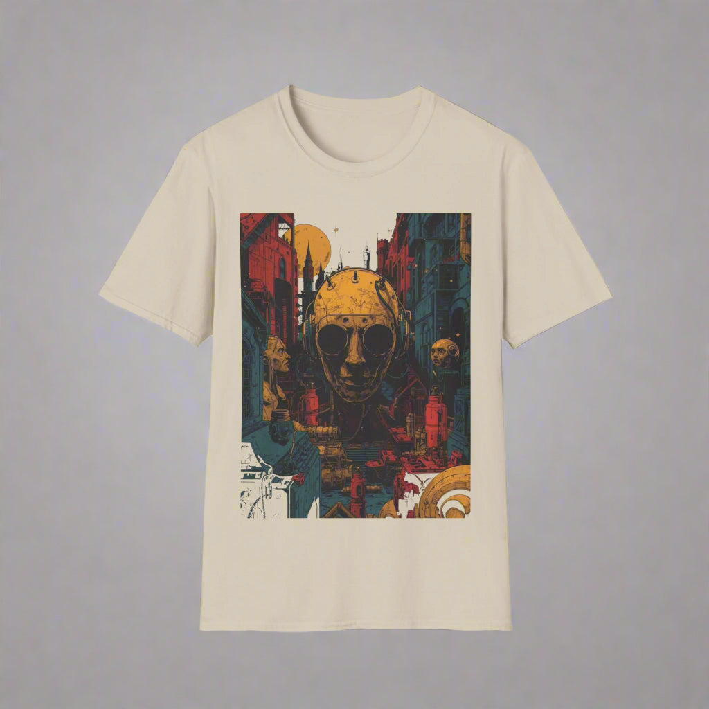 Beige t-shirt with a colorful graphic design