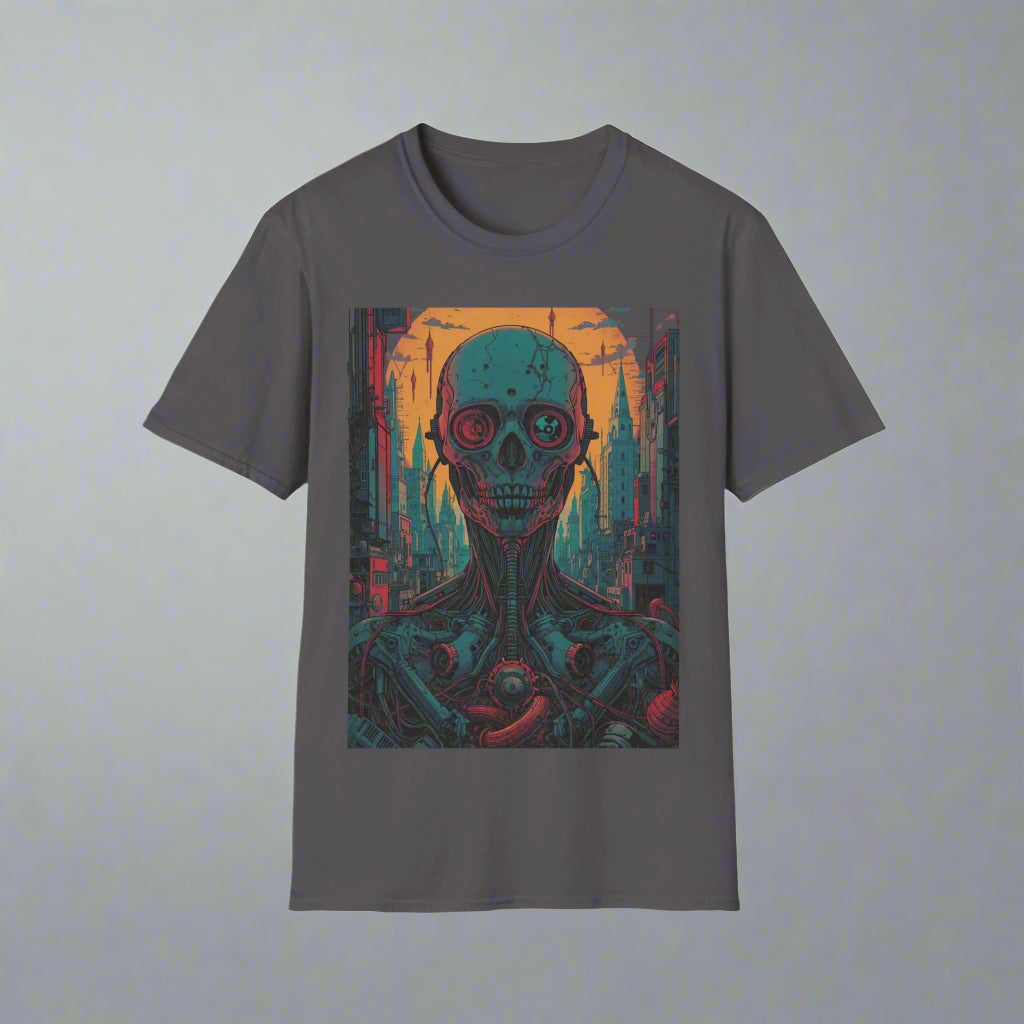 Gray t-shirt with a colorful alien design