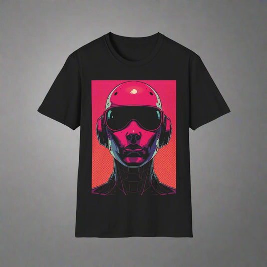 Black t-shirt with a futuristic robot design