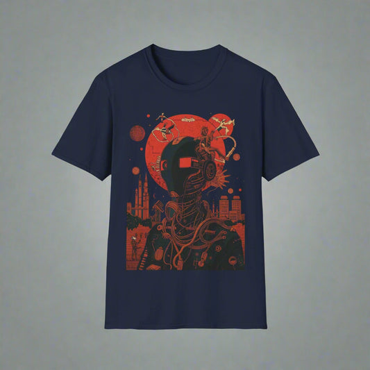 Navy blue t-shirt with red and black graphic design