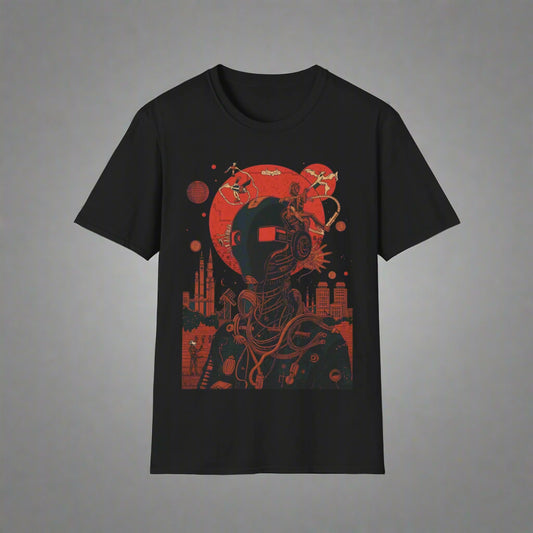 Black t-shirt with red graphic design