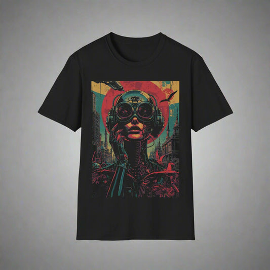 Black t-shirt with a colorful graphic design of a person wearing headphones
