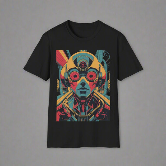 Black t-shirt with a colorful graphic design