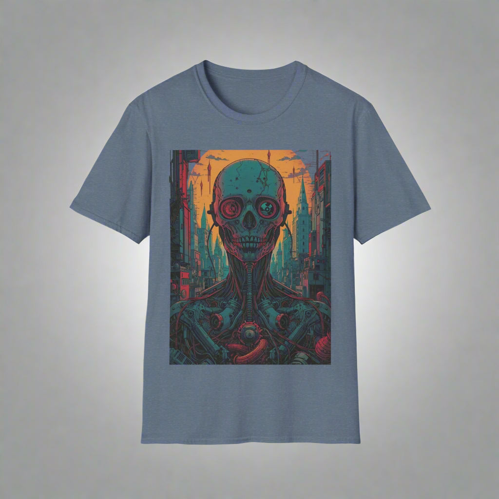 Blue t-shirt with a colorful alien design
