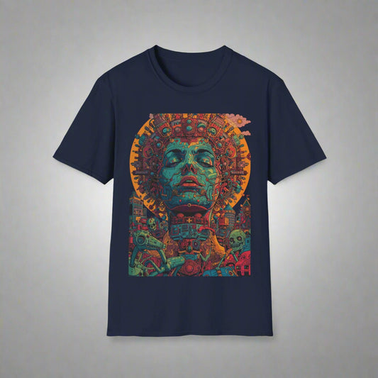 Navy blue t-shirt with a colorful graphic design