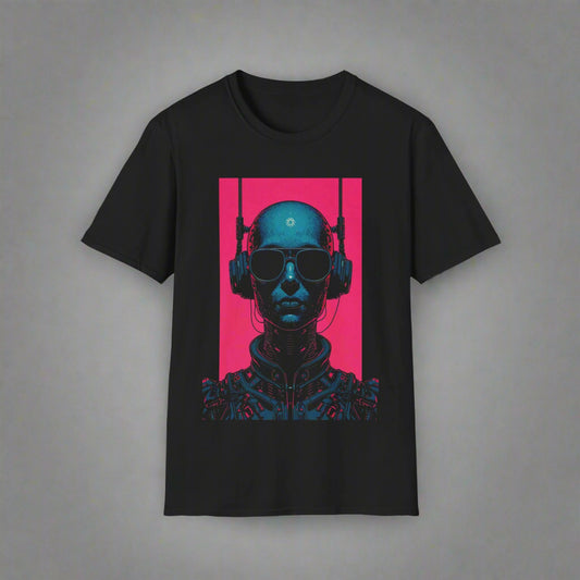 Black t-shirt with a futuristic design of a person wearing headphones and sunglasses