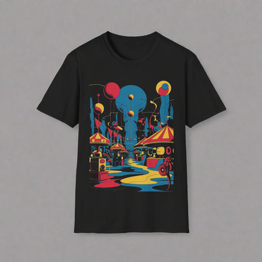 Black t-shirt with colorful graphic design