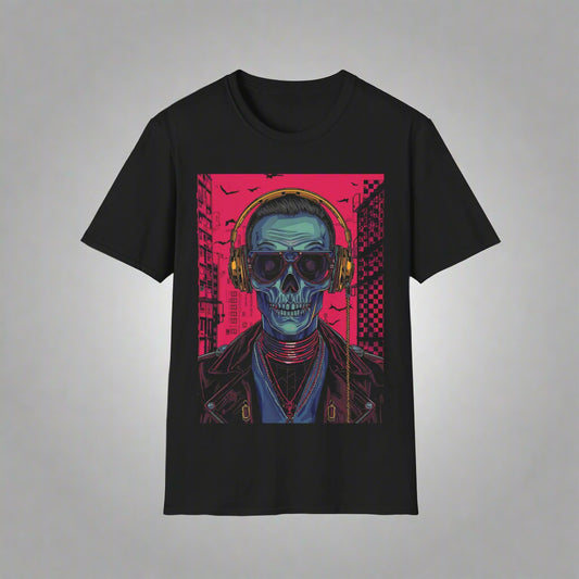 Black t-shirt with a graphic of a skull wearing headphones