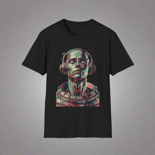 Black t-shirt with a graphic design of a robot head