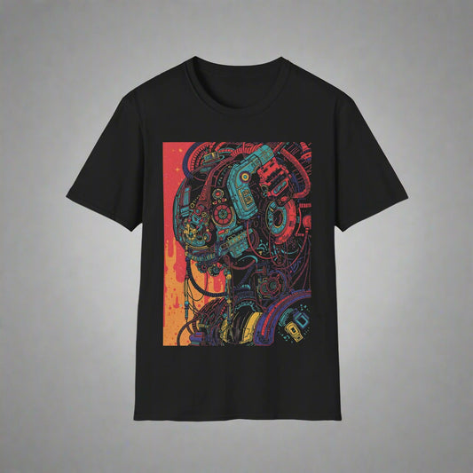 Black t-shirt with a colorful mechanical design