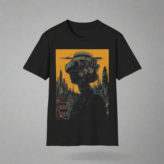 Black t-shirt with a graphic design of a person with mechanical parts and a cityscape