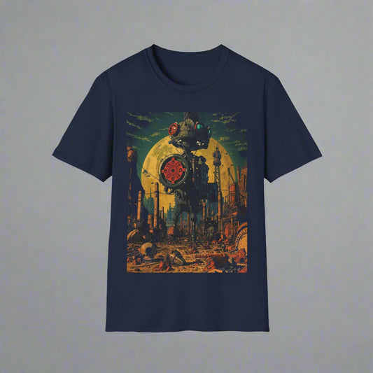 Navy blue t-shirt with a graphic design of a robot and sunset