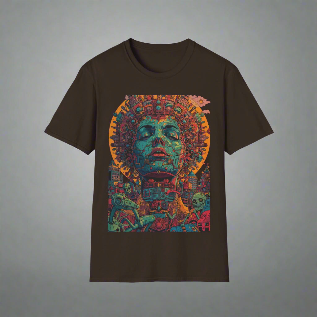 Black t-shirt with a colorful Mayan head design