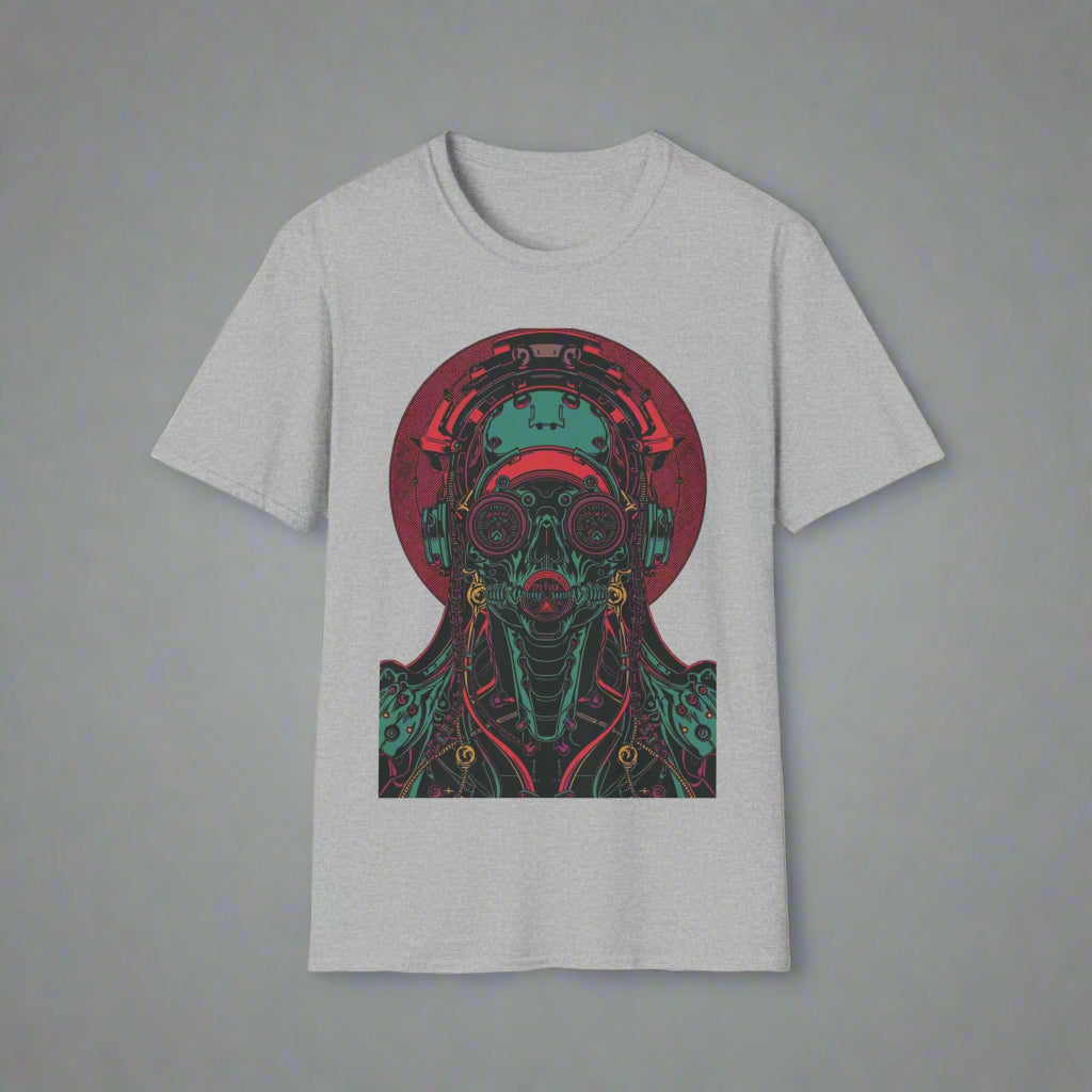 Gray t-shirt with a colorful graphic design