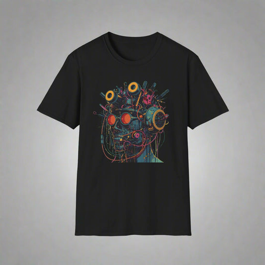 Black t-shirt with a colorful abstract design