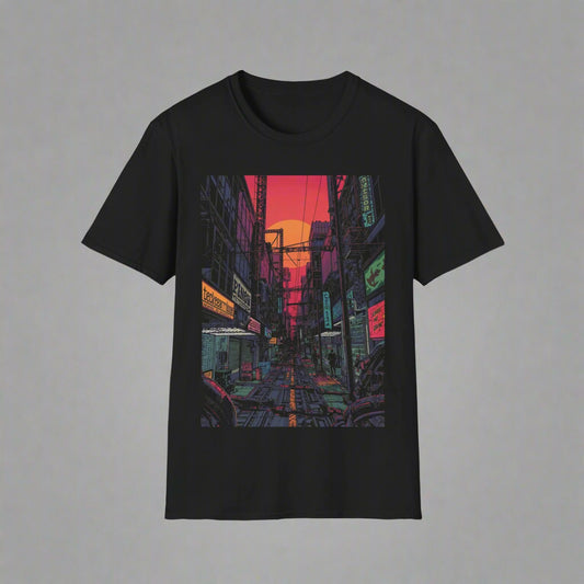 Black t-shirt with a colorful cityscape graphic on a gray background