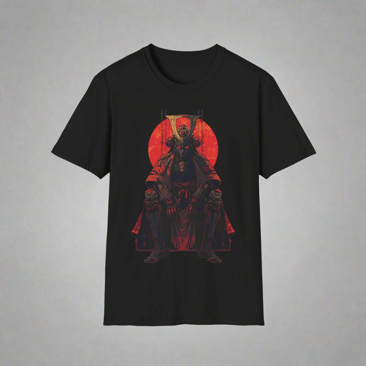 Black t-shirt with a red graphic design of a warrior