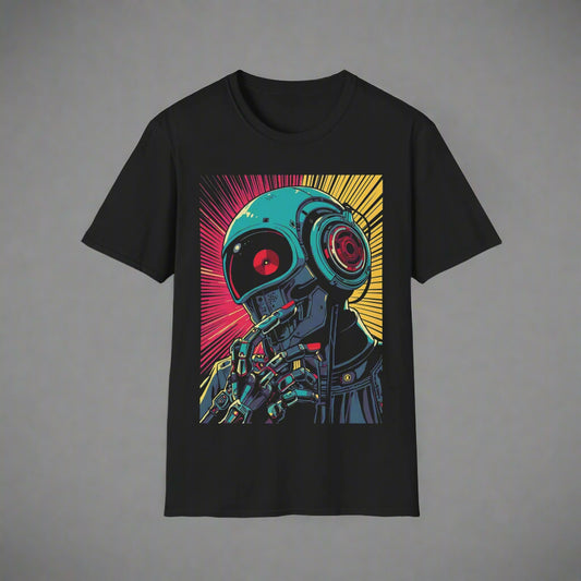 Black t-shirt with a robot graphic design