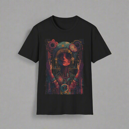 Black t-shirt with a colorful graphic design