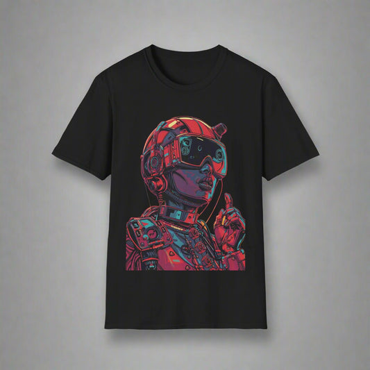Black t-shirt with a colorful robot graphic