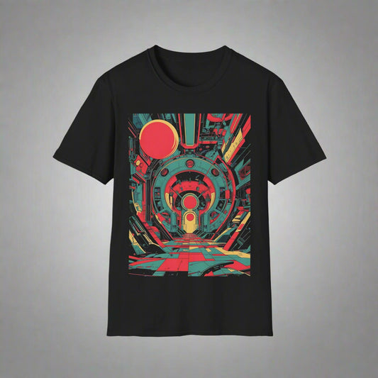 Black t-shirt with a colorful geometric design