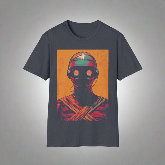 T-shirt with a robot graphic on an orange background