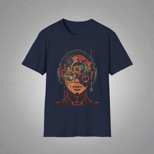 Navy blue t-shirt with a colorful mechanical head design