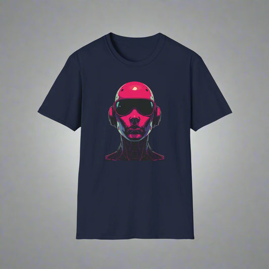Navy blue t-shirt with a colorful graphic of a face wearing sunglasses and headphones