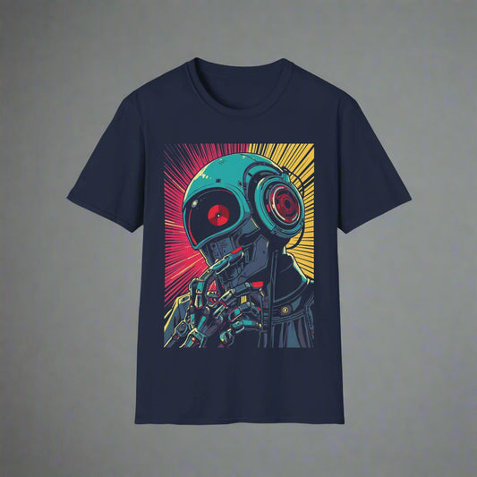 Navy blue t-shirt with a robot graphic